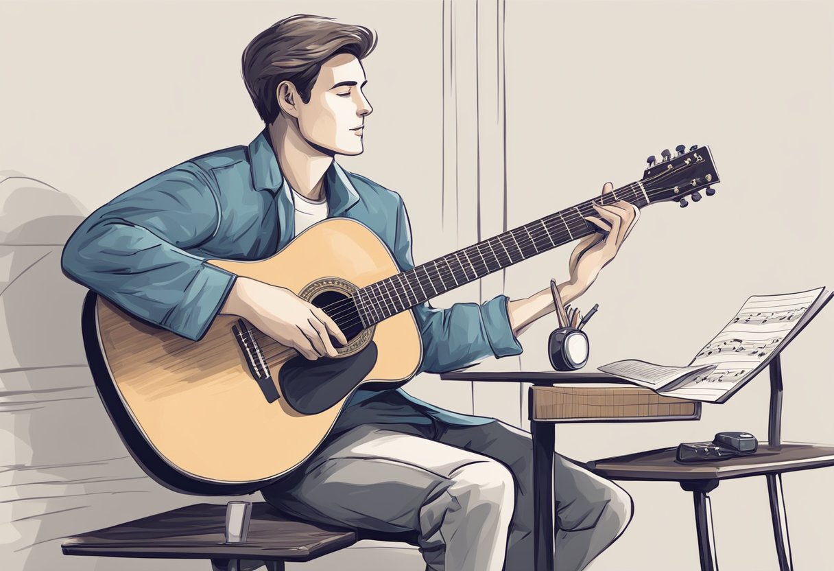 A guitarist sits with a guitar, practicing ear training exercises. Sheet music and a metronome are nearby. The guitarist listens closely and plays notes on the guitar