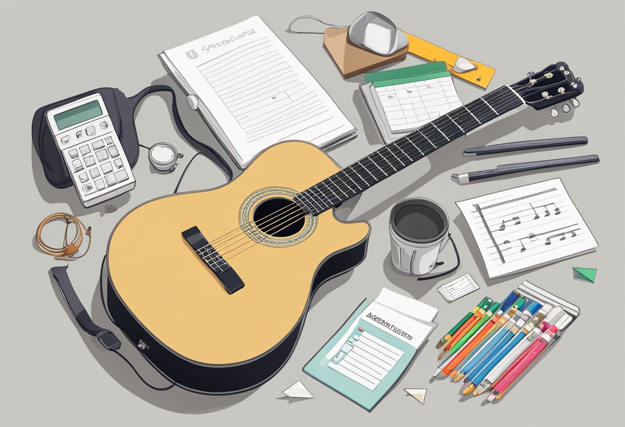 A guitar surrounded by practice materials and a timer, with a list of frequently asked questions about guitar practice nearby