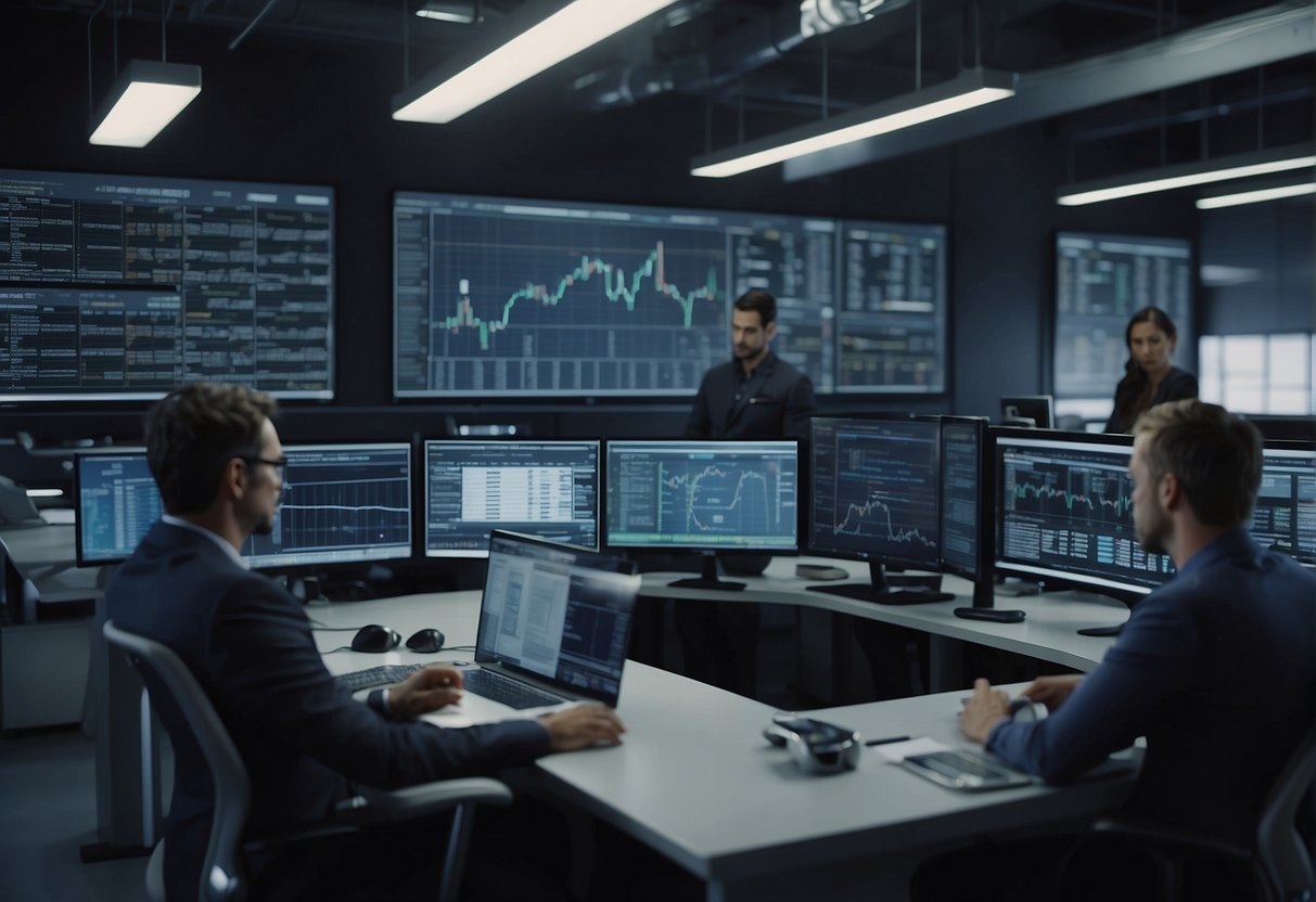 A bustling market research office with AI algorithms analyzing data from various sources, while researchers collaborate and brainstorm ideas