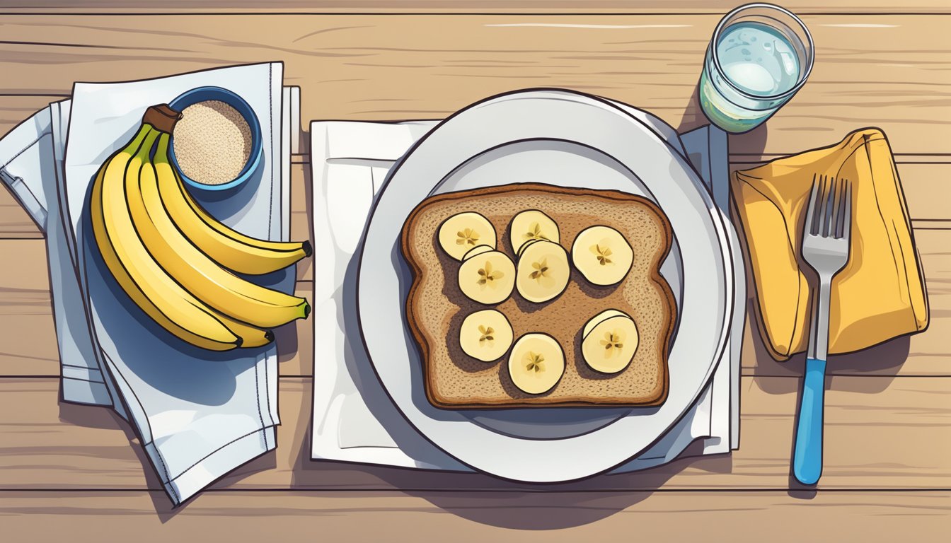 A table set with a balanced meal including carbs, protein, and hydration. A banana, whole grain toast, and a glass of water are laid out, ready to fuel a runner before a 5k race