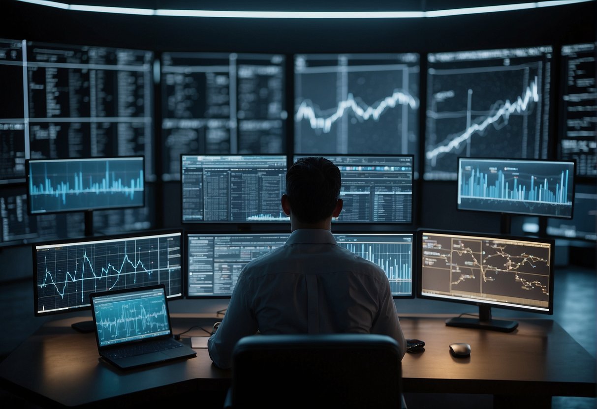 AI technologies and algorithms at work, with data visualizations and market research reports displayed on computer screens