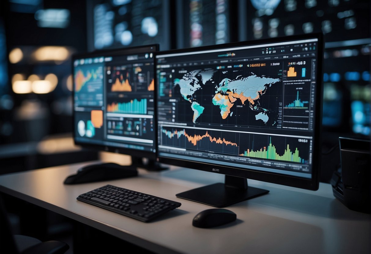A computer screen displays graphs and charts, surrounded by various data collection and analysis tools. AI algorithms process information in the background