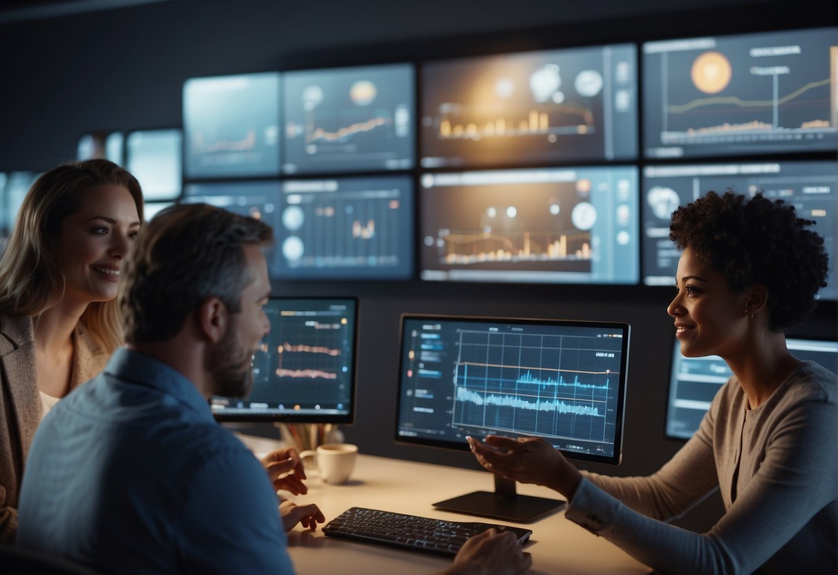 A group of diverse consumers interacting with AI technology, showing various emotions and behaviors. Data charts and analysis tools in the background