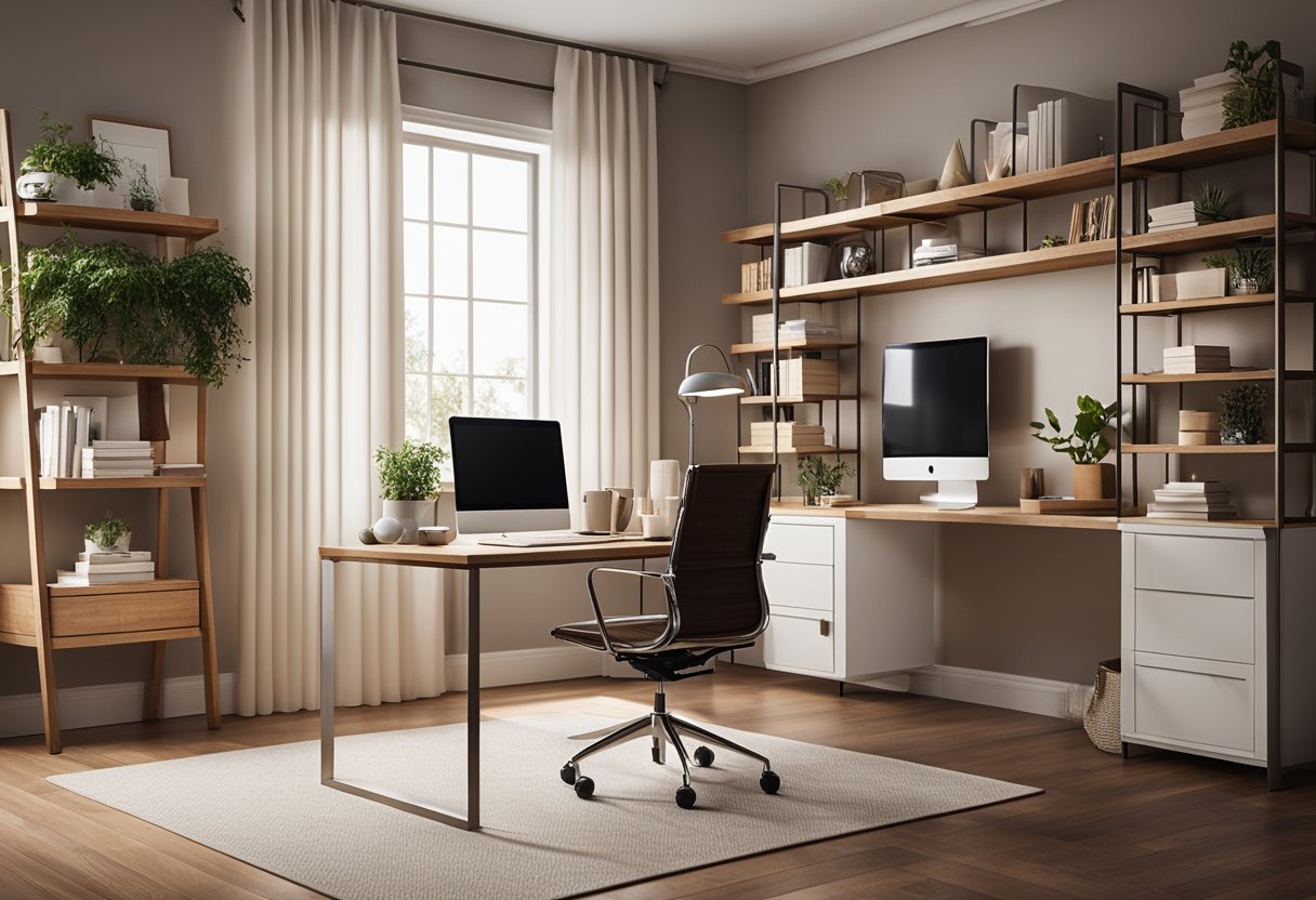 A cozy home office with a desk, computer, and bookshelves. A comfortable chair and a warm color scheme create a welcoming atmosphere for online coaching