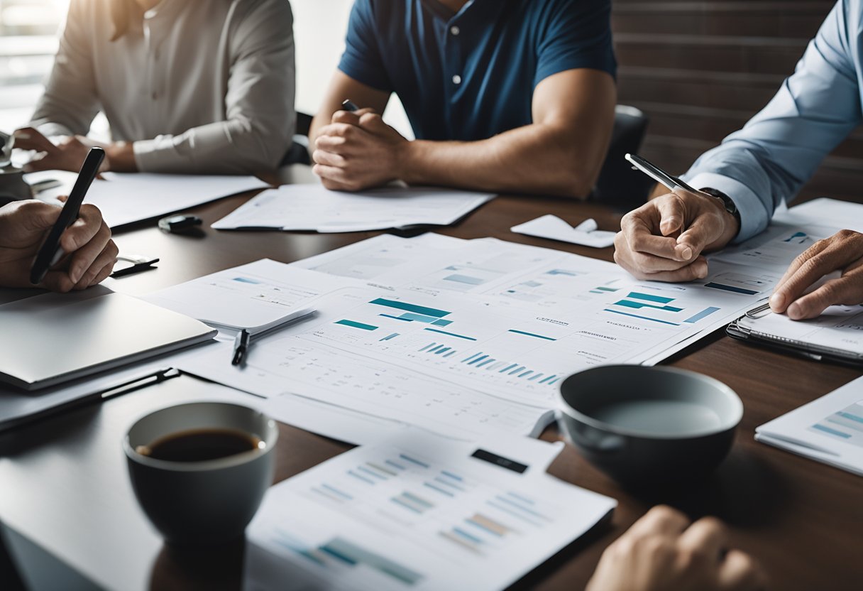 A strategic planning session for an online coaching program, with charts, graphs, and brainstorming materials spread out on a large table