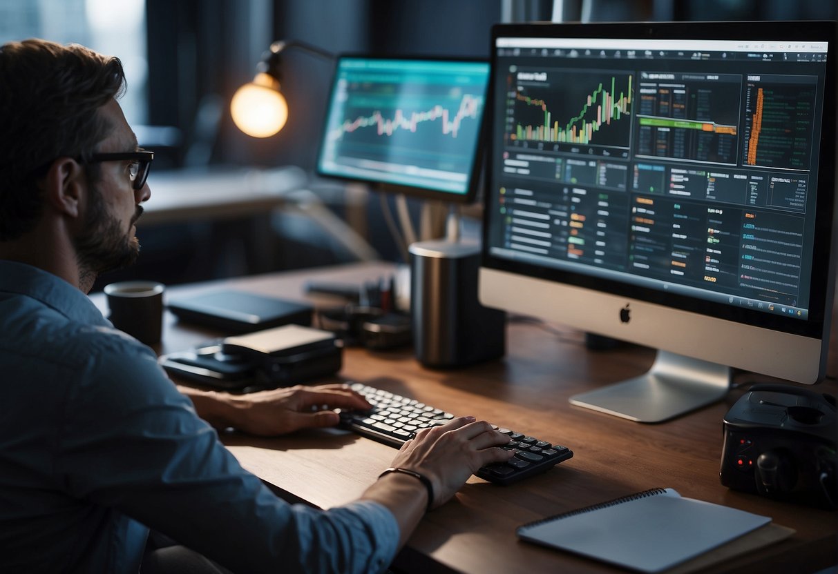 A computer with AI market research applications open on the screen, surrounded by charts and graphs, with a person's hand typing on the keyboard