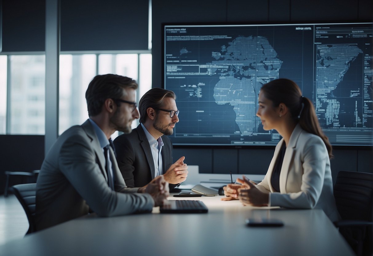 A group of researchers analyzing data and discussing best practices in a modern office setting with AI technology in the background