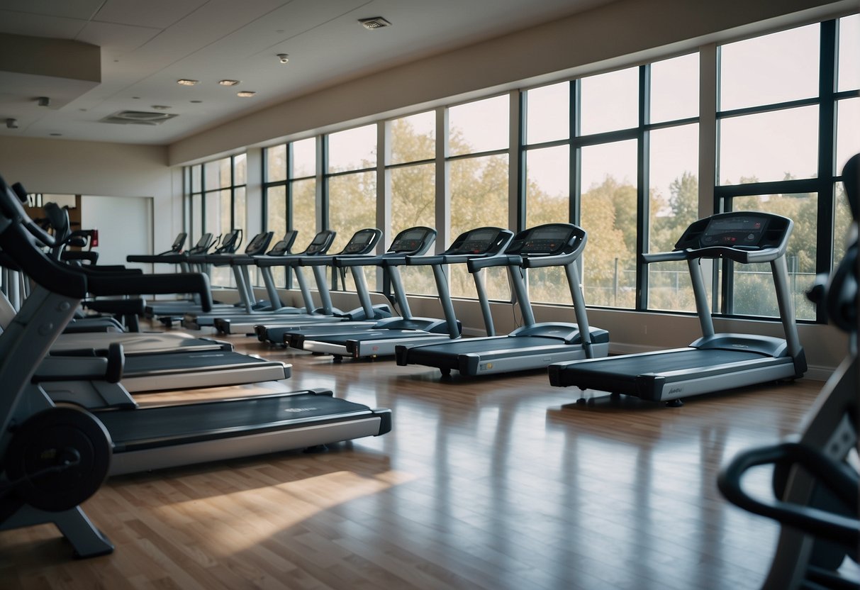 A gym with various exercise equipment, including treadmills, weights, and yoga mats. Brightly lit with large windows and motivational posters on the walls