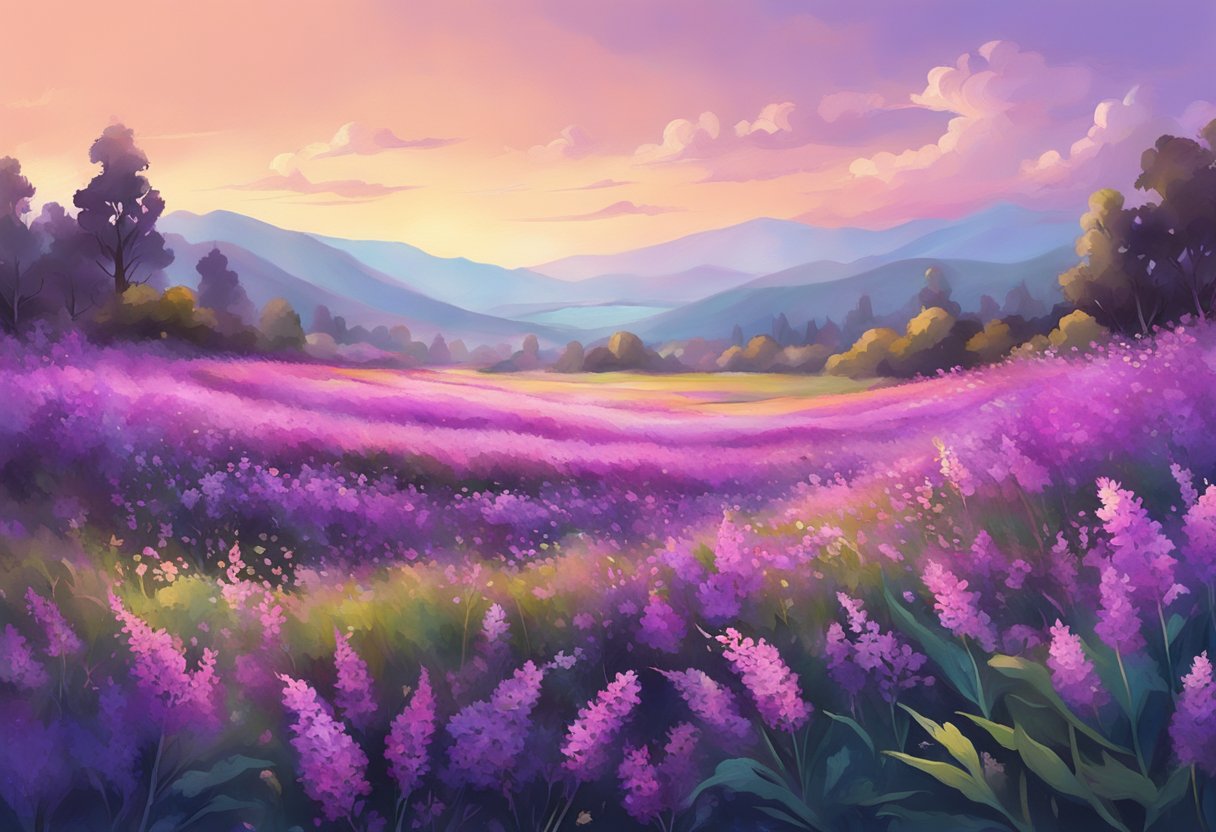 A field of purple weed sways in the breeze, with vibrant hues and delicate petals creating a mesmerizing and tranquil scene