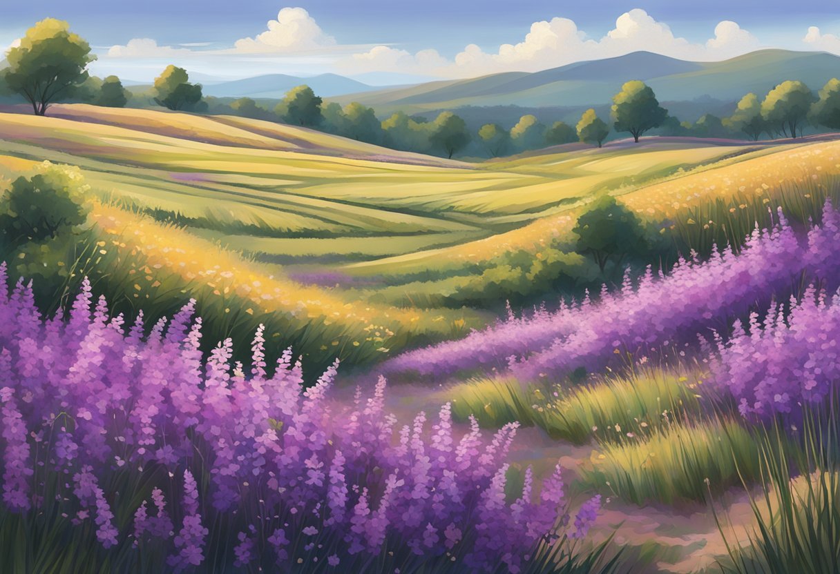 A field of vibrant purple weed stretches across the landscape, with delicate flowers swaying in the breeze and tall stalks reaching towards the sky