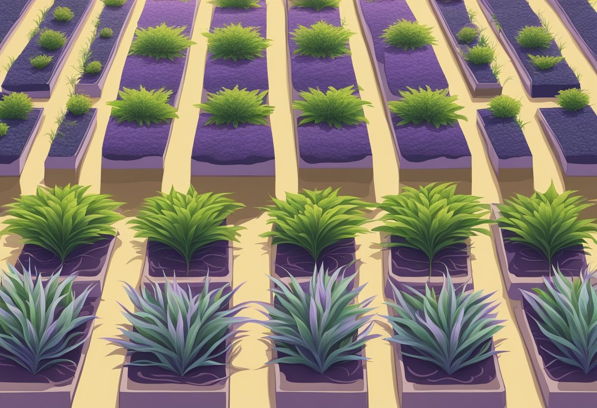 Lush purple weed grows in neat rows, surrounded by carefully tended soil and small irrigation channels. The sun shines down, casting a warm glow over the thriving plants