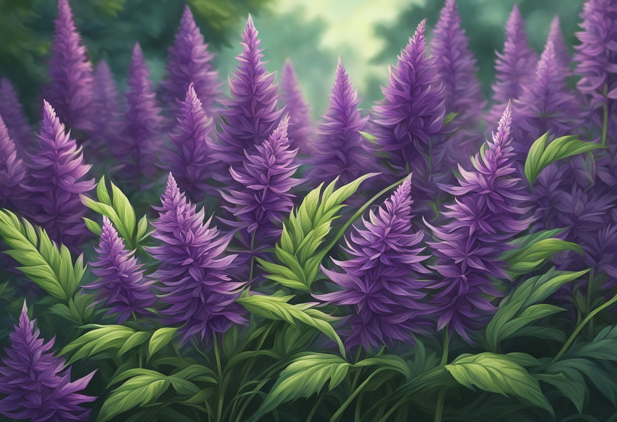 Lush purple weed sways in the breeze, its vibrant hue contrasting against the green foliage. The plant's leaves shimmer with dew, hinting at its potent effects and numerous health benefits