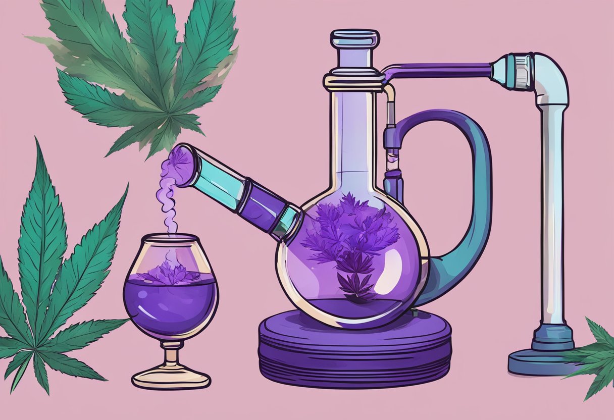 Purple weed being smoked through a glass pipe, vaporizing in the air, with a joint and a bong nearby