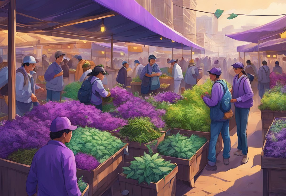 Vibrant purple weed grows in a bustling market, surrounded by various industries. The scene is filled with activity and energy