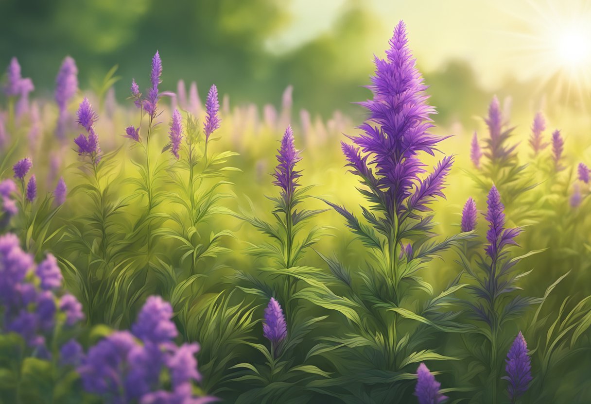 A vibrant purple weed stands tall in a field, surrounded by green foliage. The sun casts a warm glow, highlighting the unique color of the plant