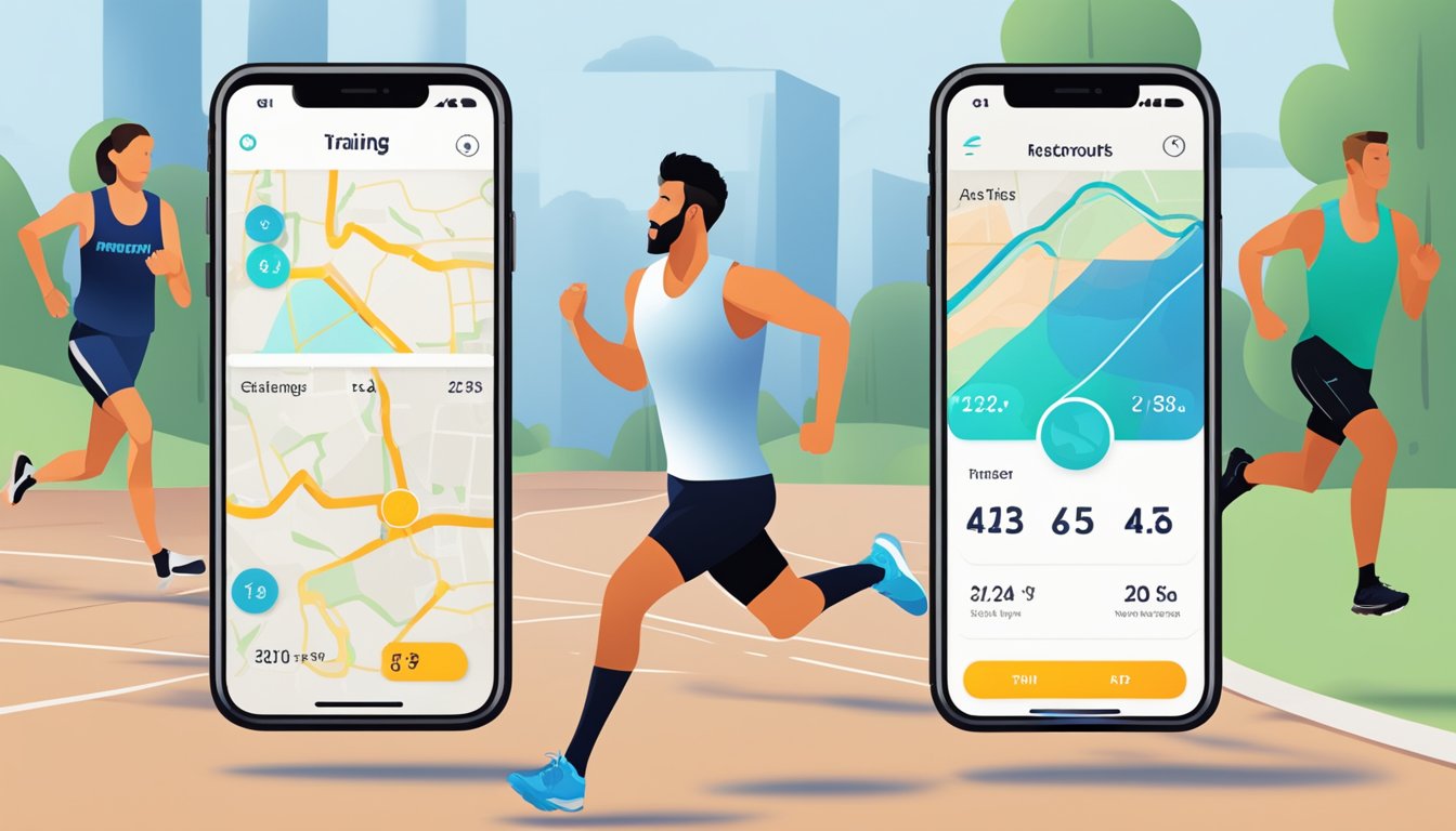 Runners using advanced training techniques in a 5k app. Timer, distance tracker, and personalized workouts visible