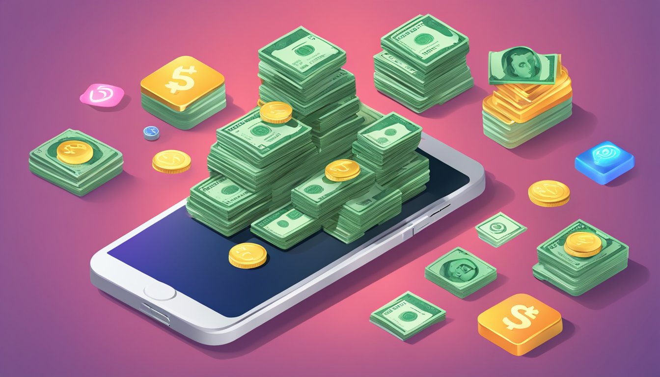 A pile of money stacks next to a smartphone with multiple app icons on the screen, representing financial considerations for 5k apps
