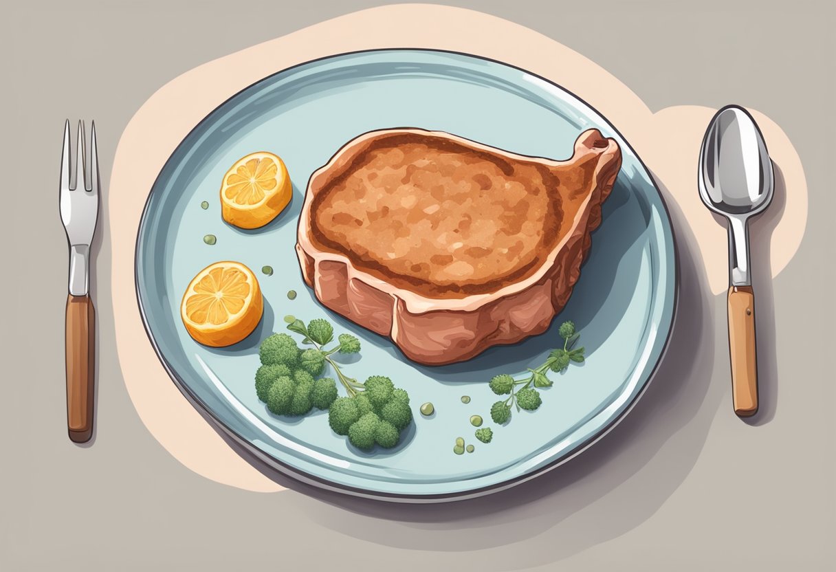 A pork chop sits on a plate next to a histamine molecule