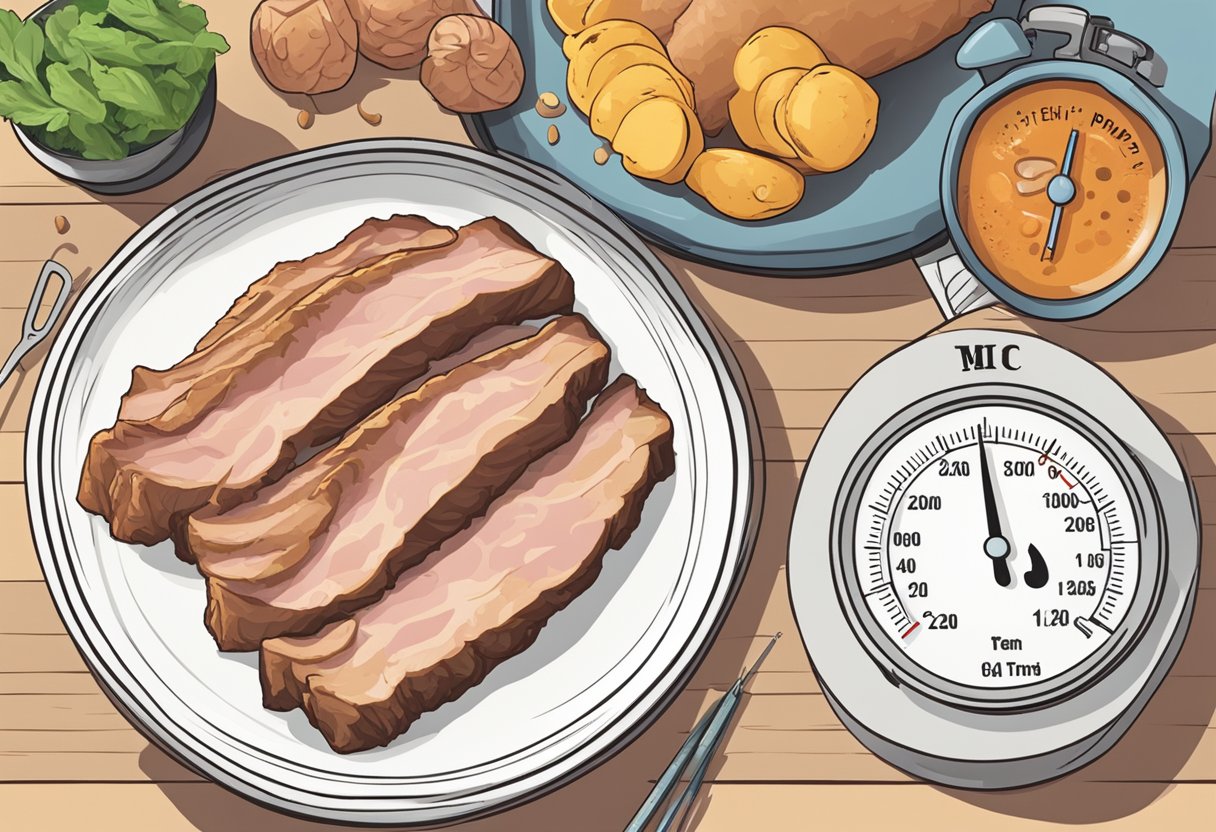 A plate of pork sits on a table with a question mark above it. A thermometer next to the pork reads high temperature