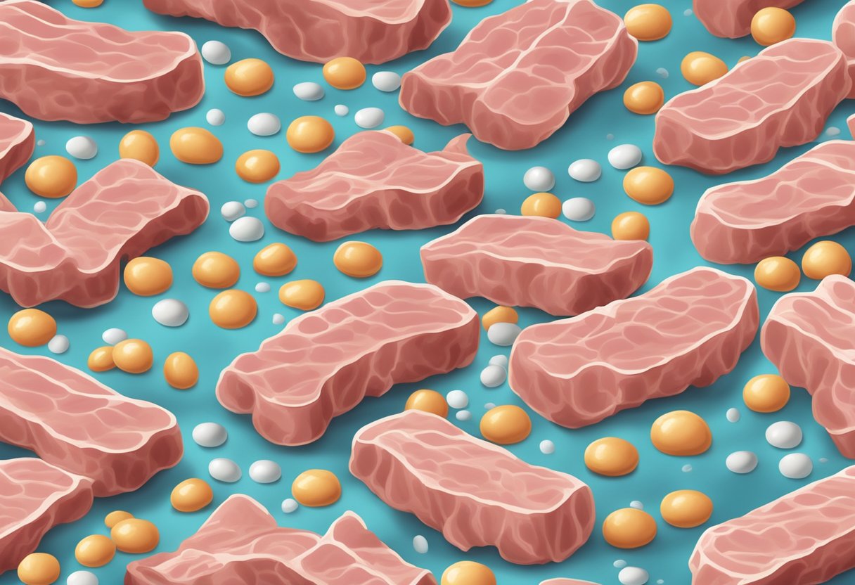 A plate of pork emitting histamine molecules, with a high histamine content label