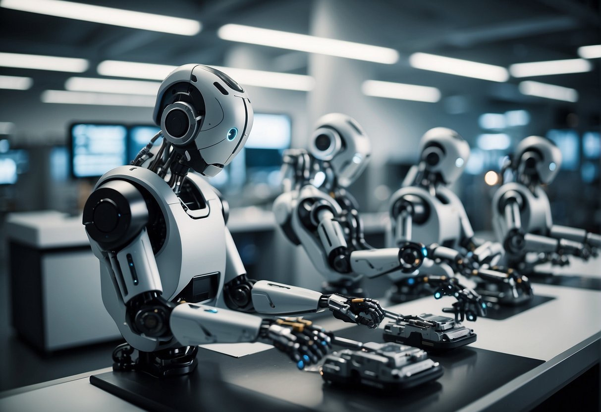 Robotic arms assembling futuristic AI components in a sleek, high-tech facility