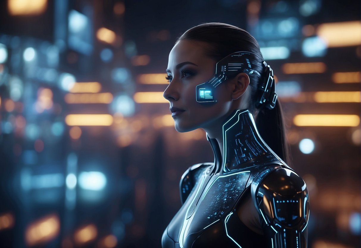 AI video processing in a futuristic setting. Advanced algorithms and data streams flowing into a sleek, high-tech interface. Bright, neon lights casting a futuristic glow