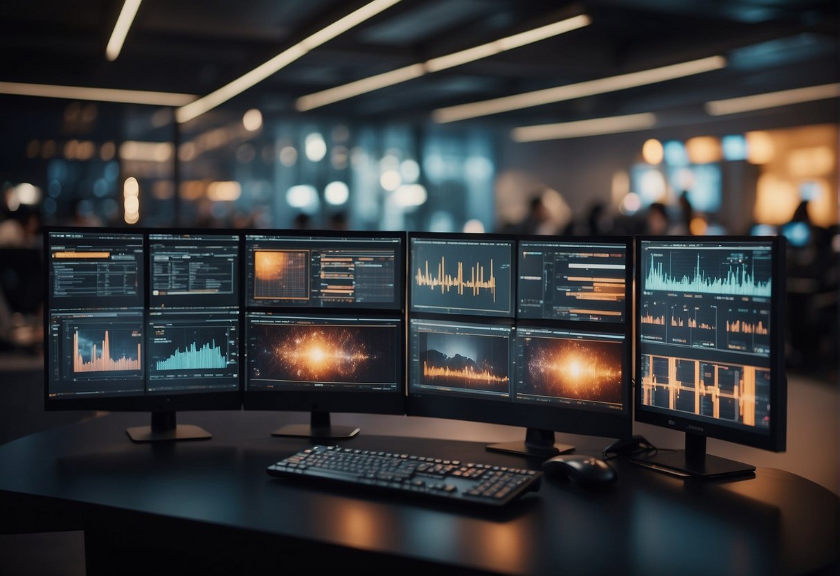 AI algorithms seamlessly editing video footage, adjusting colors and adding effects. Multiple screens displaying data and analytics