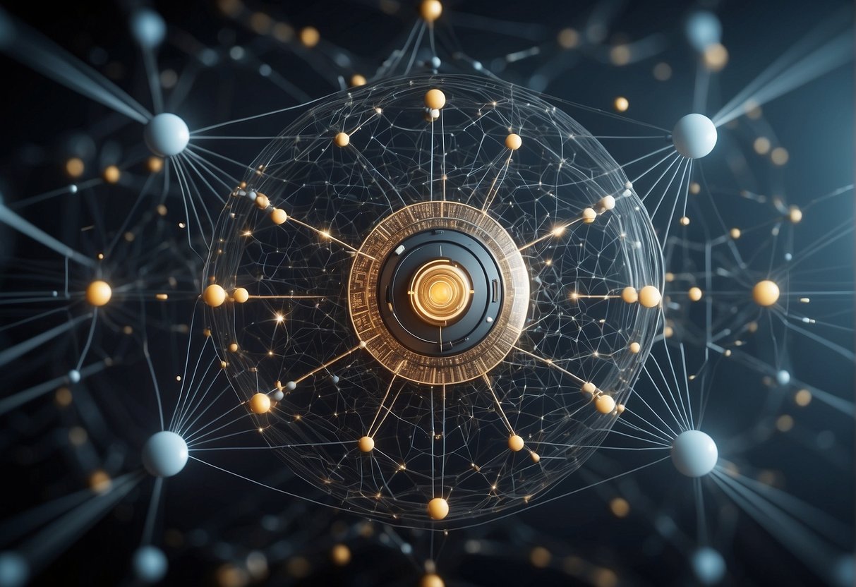 AI video algorithms process data ethically, depicted as a complex network of interconnected nodes and lines, with a central hub representing ethical considerations