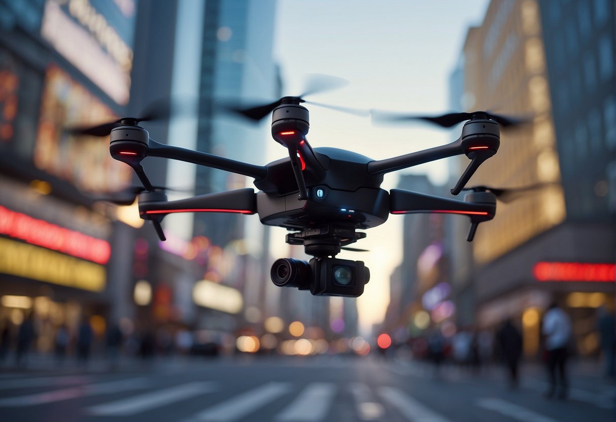 A camera drone hovers above a bustling city street, capturing AI-generated holographic advertisements seamlessly integrated into the urban landscape