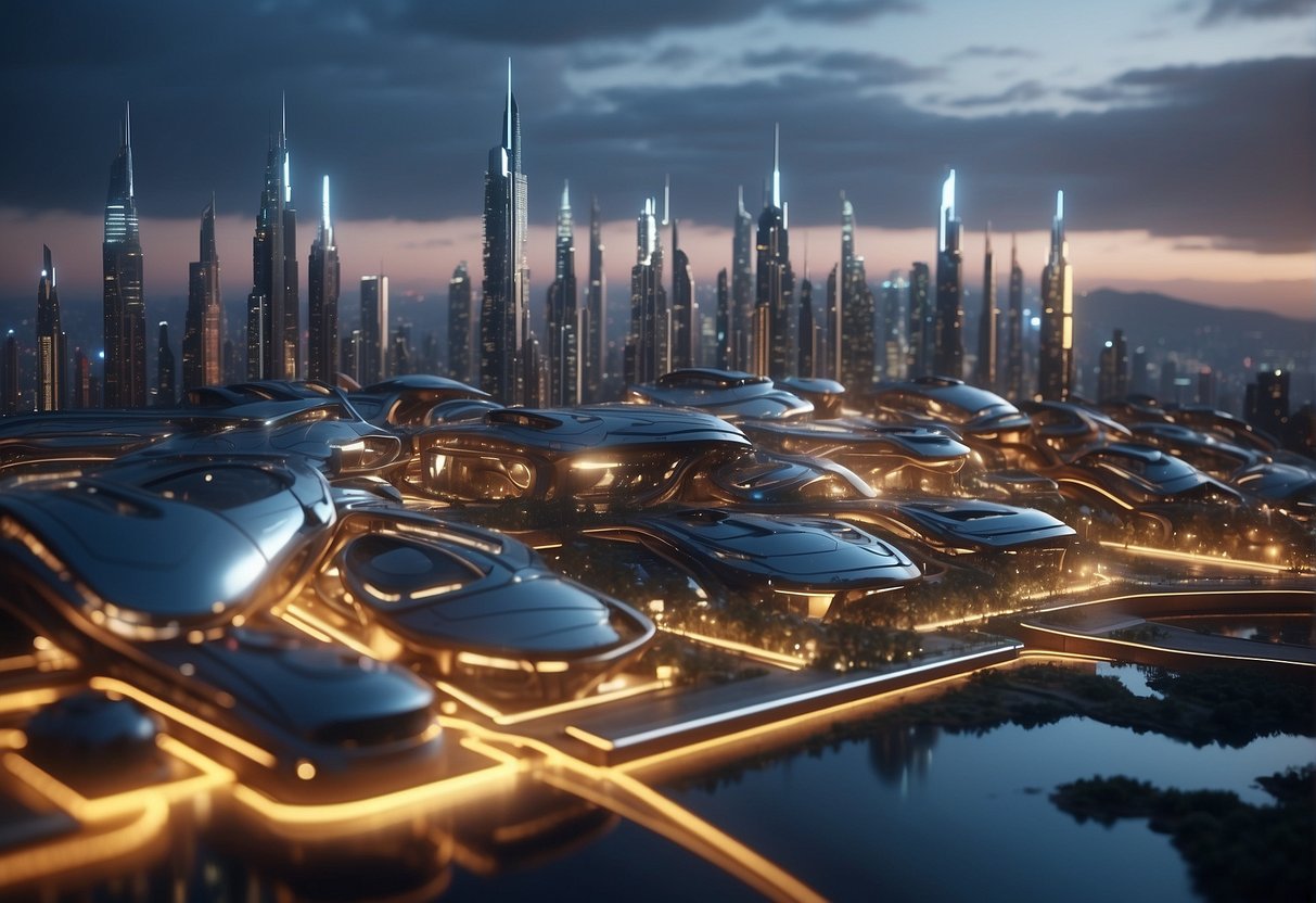 A futuristic cityscape with AI tools and platforms integrated into the architecture, glowing with advanced technology