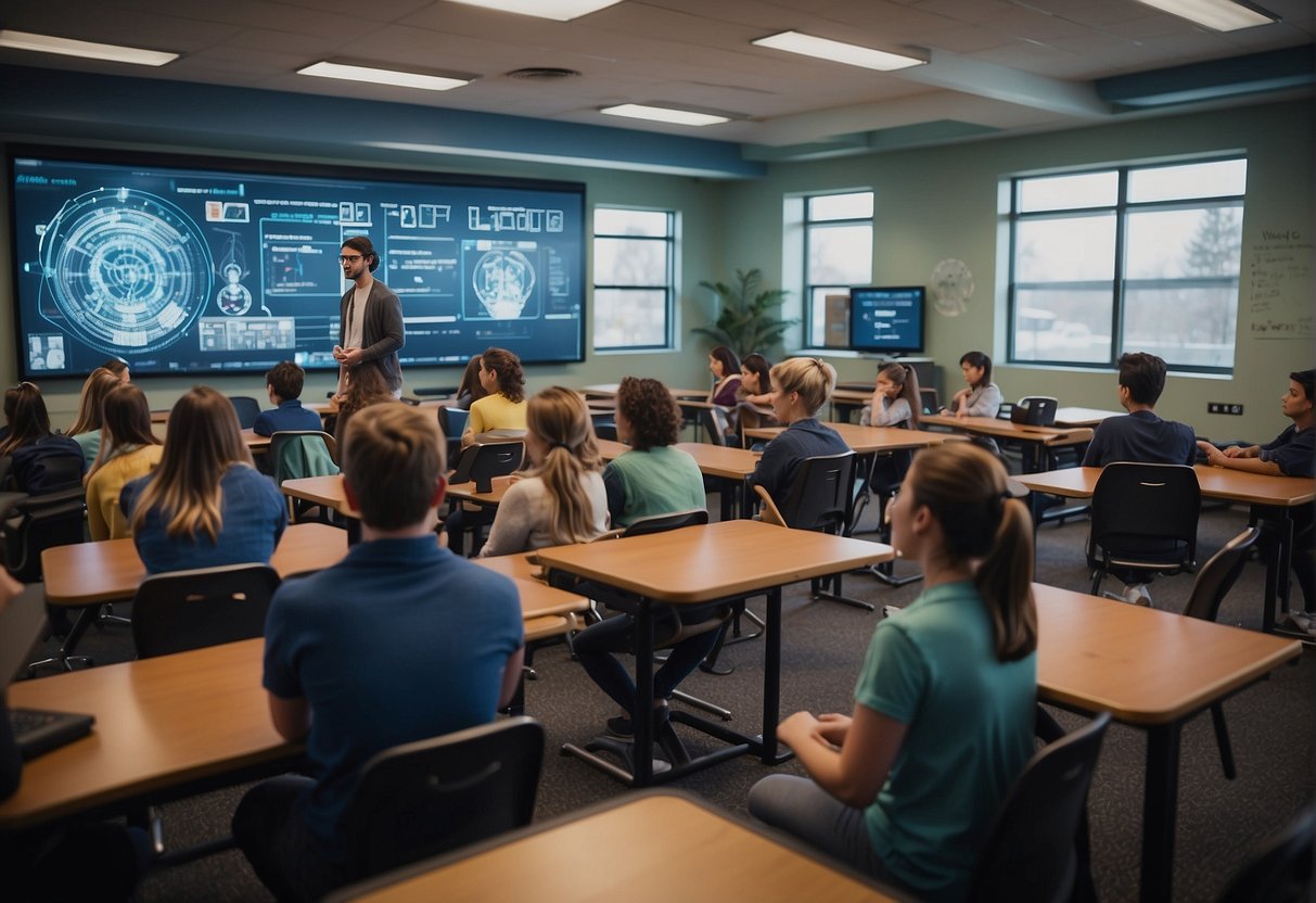 Classroom filled with students interacting with AI-infused educational tools. Virtual reality headsets, interactive screens, and robots assist in personalized learning experiences