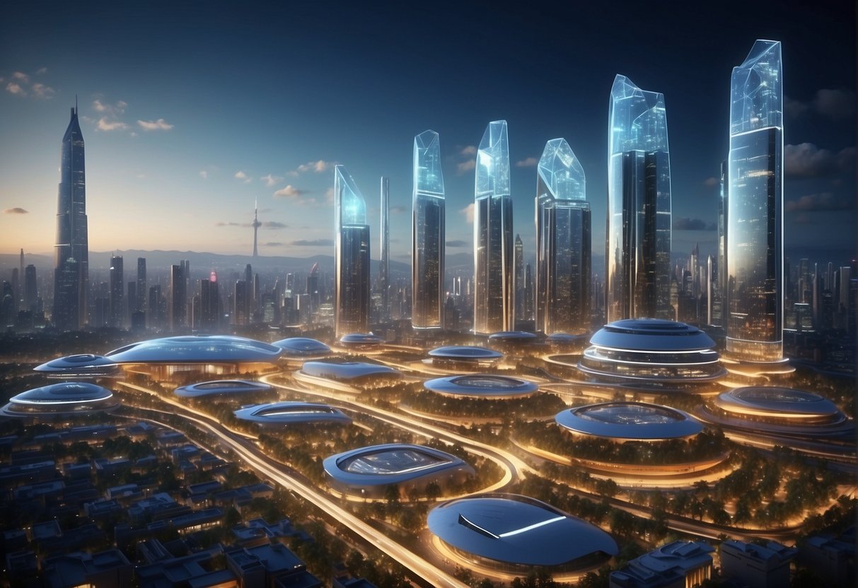 AI technology: A futuristic city skyline with holographic displays and autonomous vehicles. A central hub with AI servers and data processing units