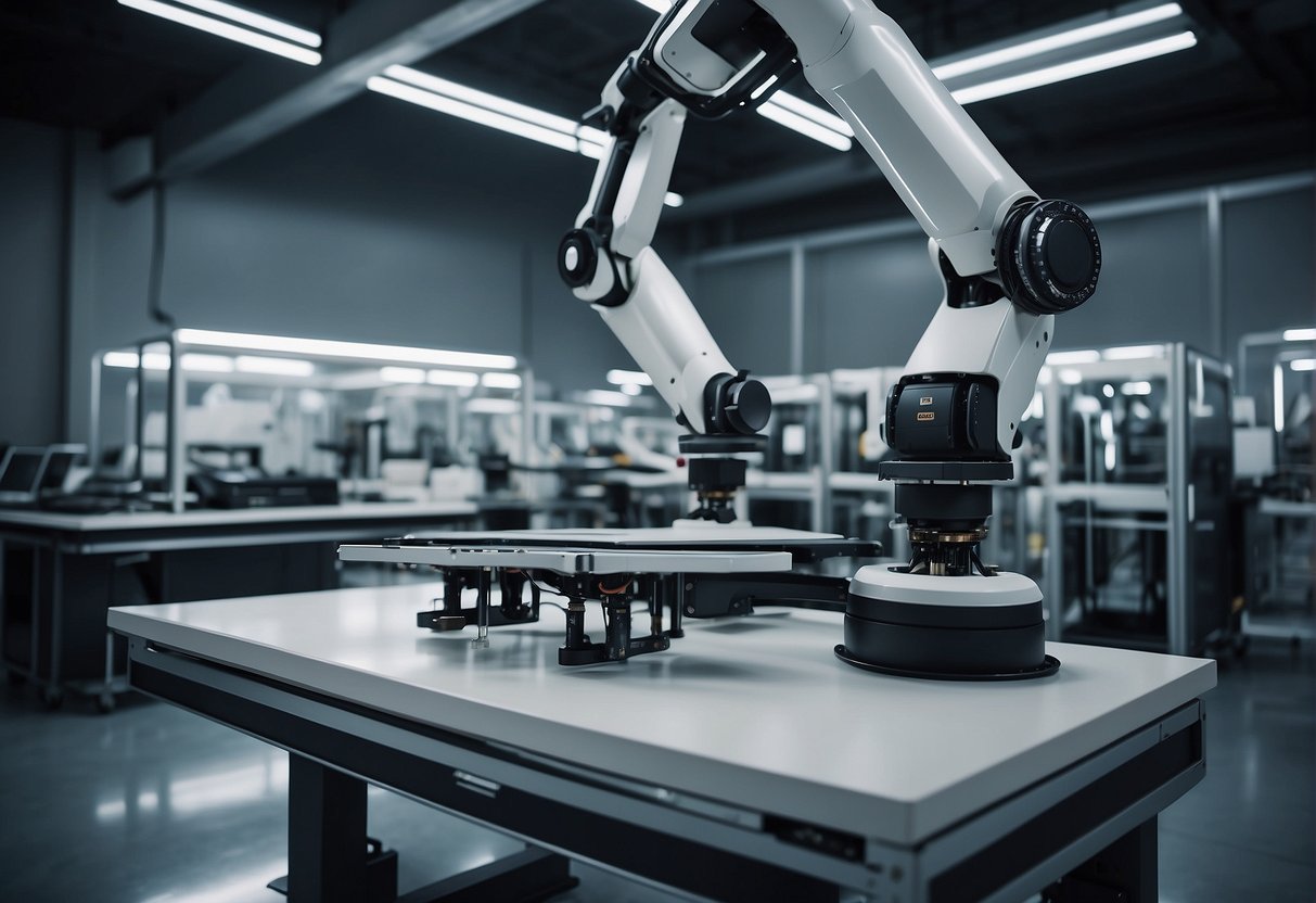 Robotic arms assemble products in a sleek, futuristic factory. AI algorithms analyze data on digital screens, guiding business decisions. A drone delivers packages to a high-tech office building
