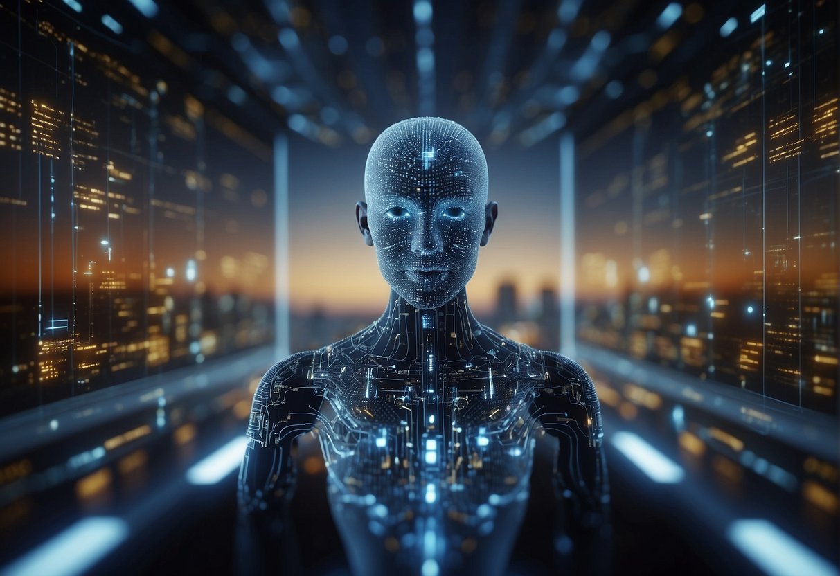 AI algorithms strategically integrated into business operations. Data flowing through interconnected systems. Automation optimizing processes. Futuristic technology shaping the corporate landscape