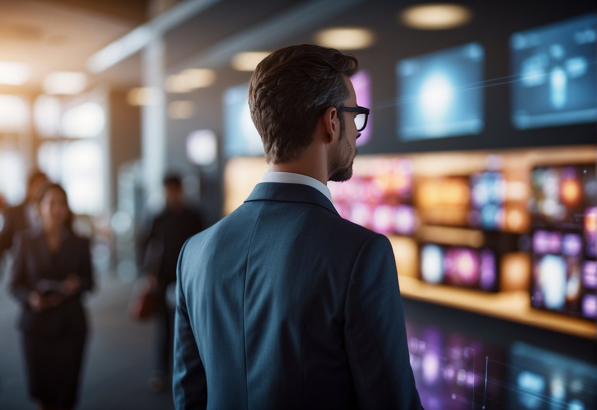 A customer interacts with AI for personalized service in a modern, sleek environment. AI technology anticipates and fulfills customer needs seamlessly