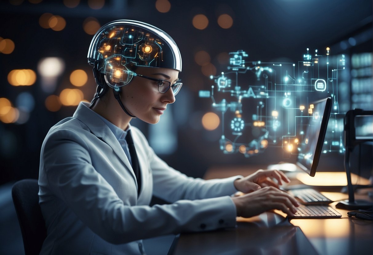 AI analyzes data, optimizes processes, and predicts trends in a futuristic business setting