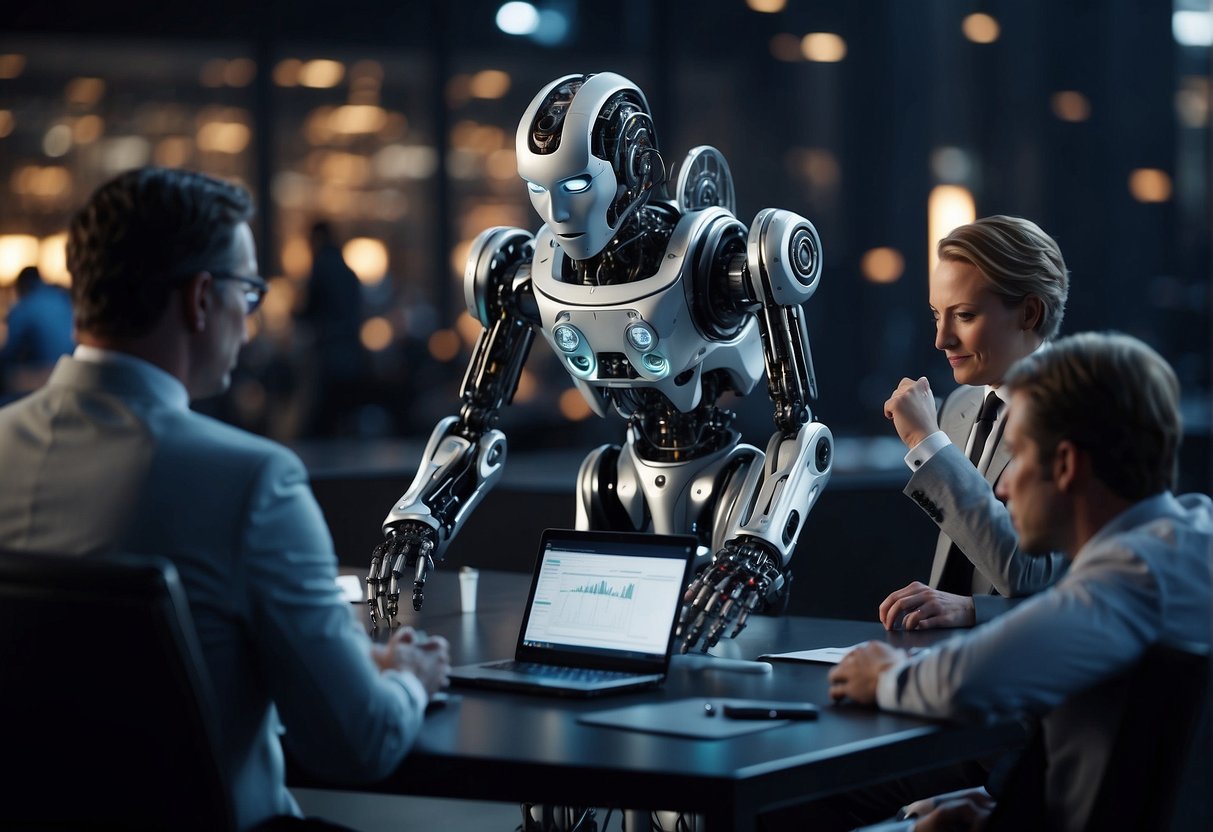 AI algorithms analyzing data, while business leaders strategize. AI robots automate tasks. Ethical dilemmas debated. Integration with existing systems considered