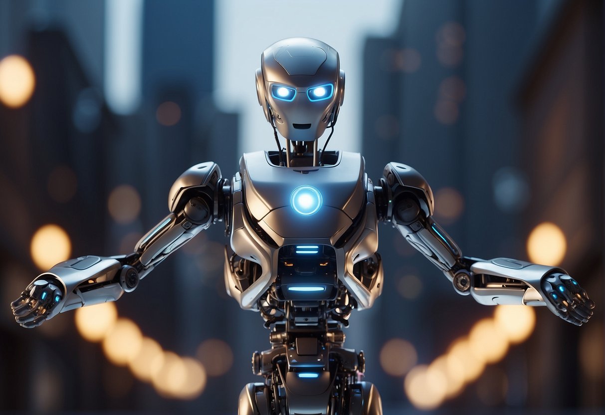 Robotic arms assemble holographic interfaces in a futuristic cityscape. AI-powered drones fly overhead, integrating virtual and physical worlds