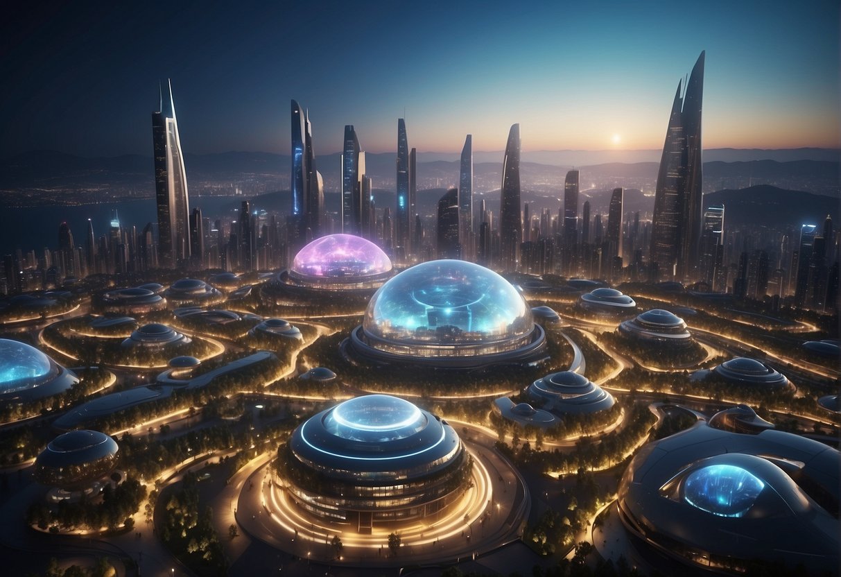 A futuristic cityscape with holographic displays and AI-powered entertainment experiences