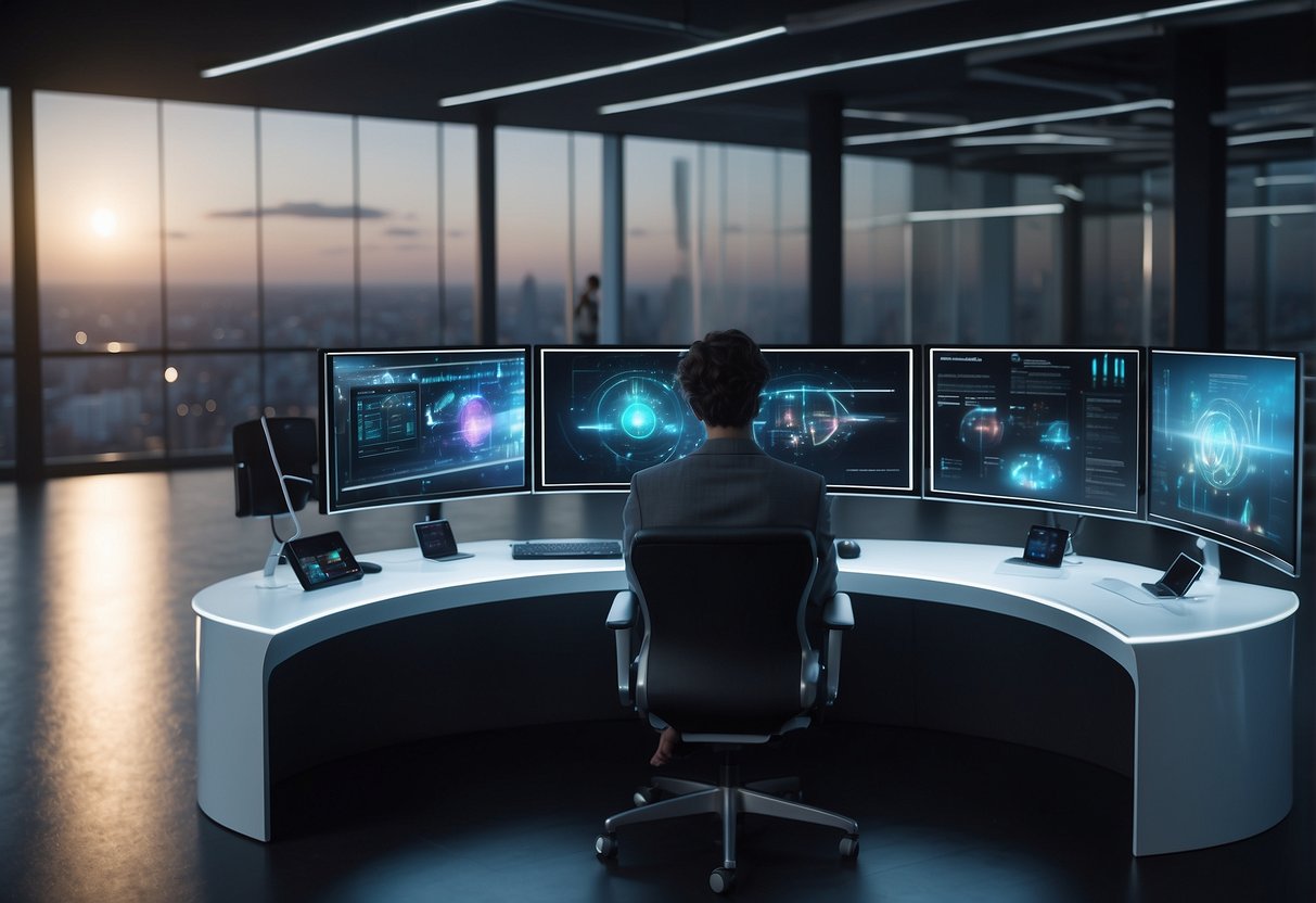 A futuristic workspace with holographic displays, AI algorithms, and XR headsets for virtual collaboration