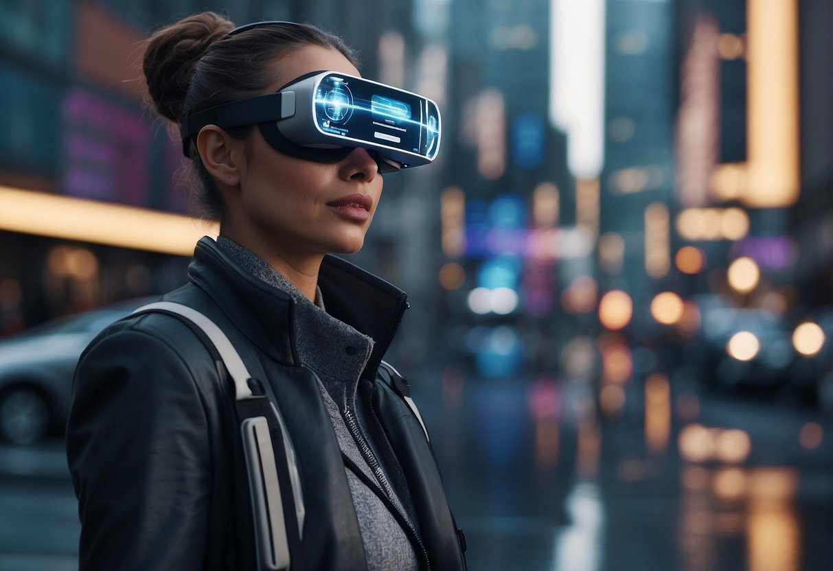 AI and XR technologies merge in a futuristic cityscape, with holographic displays and virtual reality headsets in use
