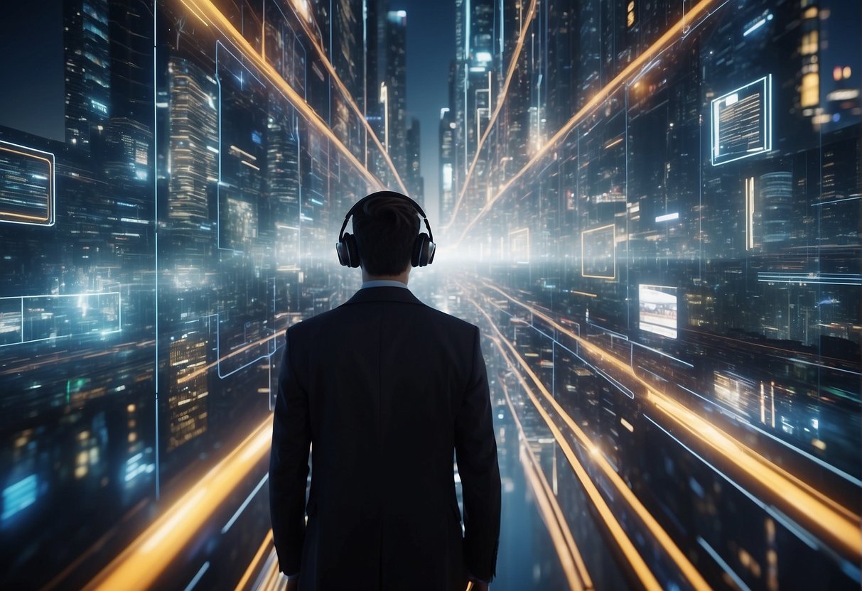 A bustling metropolis of interconnected digital landscapes, with AI entities and XR interfaces merging seamlessly in a vibrant, futuristic world