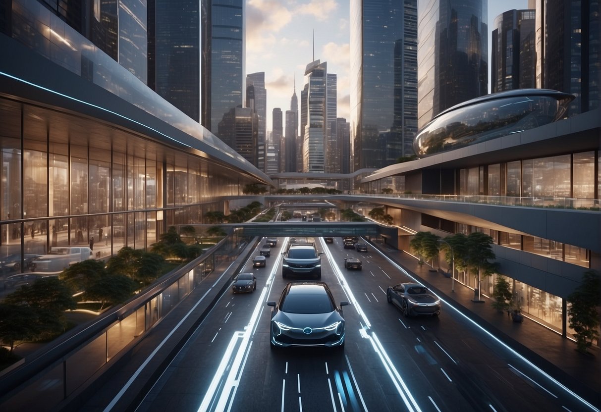 A futuristic cityscape with AI and XR technologies seamlessly integrated into everyday life. The city is bustling with autonomous vehicles, smart buildings, and virtual reality interfaces