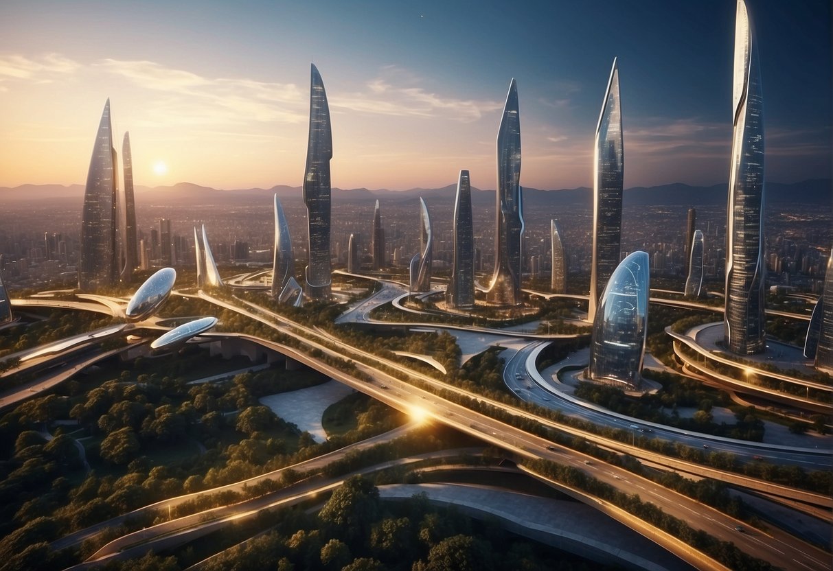 A futuristic city skyline with AI-powered drones and XR-enhanced buildings