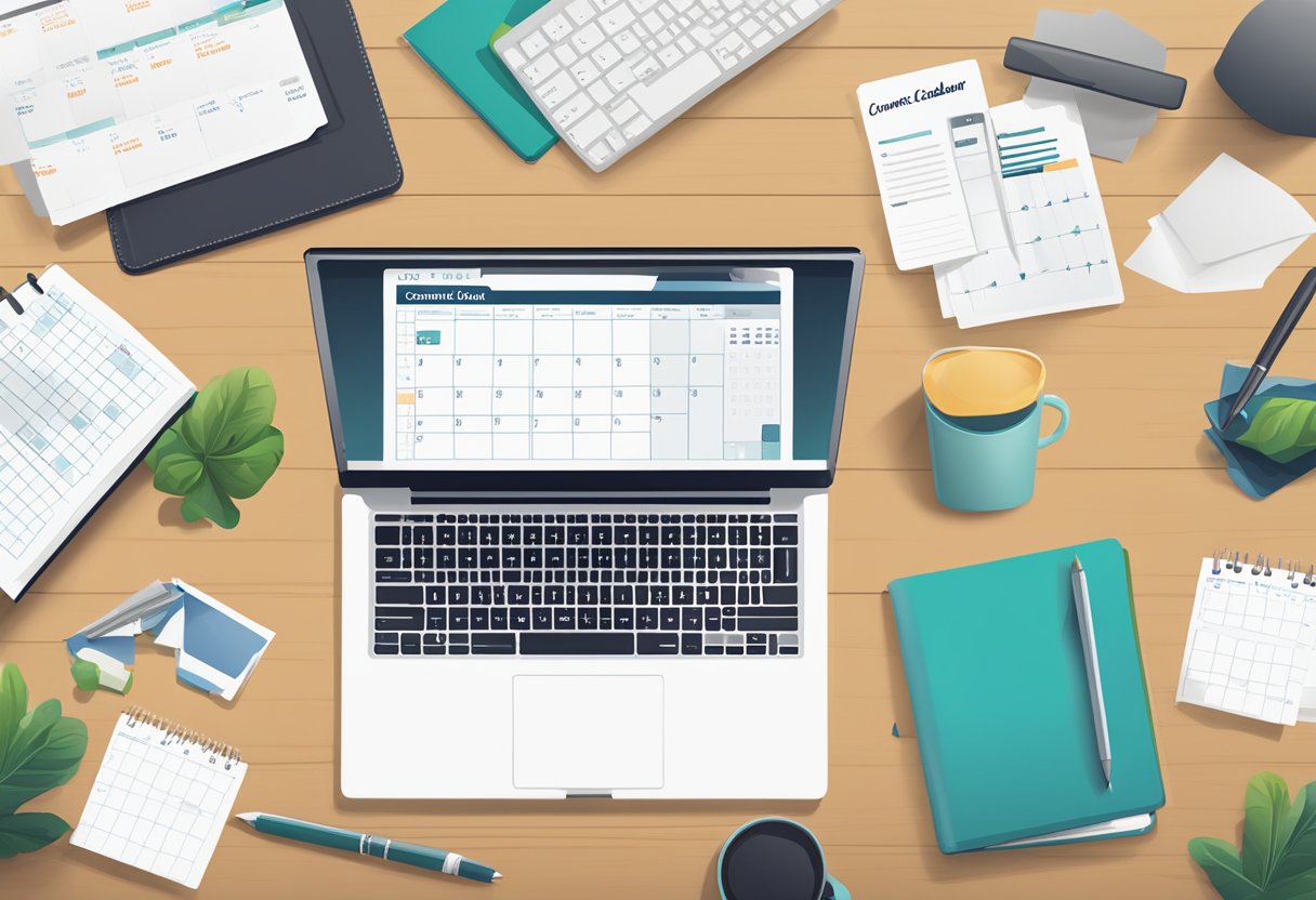 A desk with a laptop, calendar, and pen. A stack of papers with "Content Calendar" written on top. A small business logo in the corner