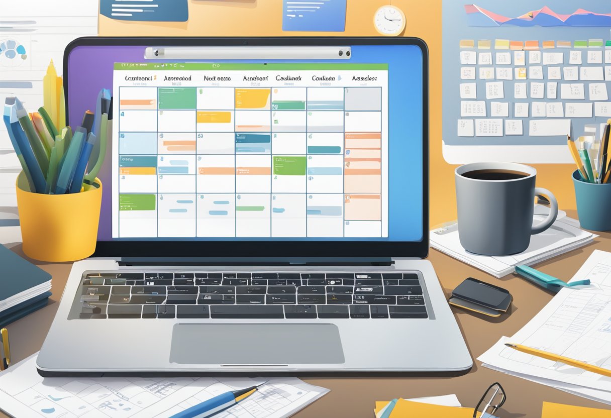 A desk with a laptop, calendar, and pen. Templates and notes scattered around. A "Content Calendar" title on the laptop screen