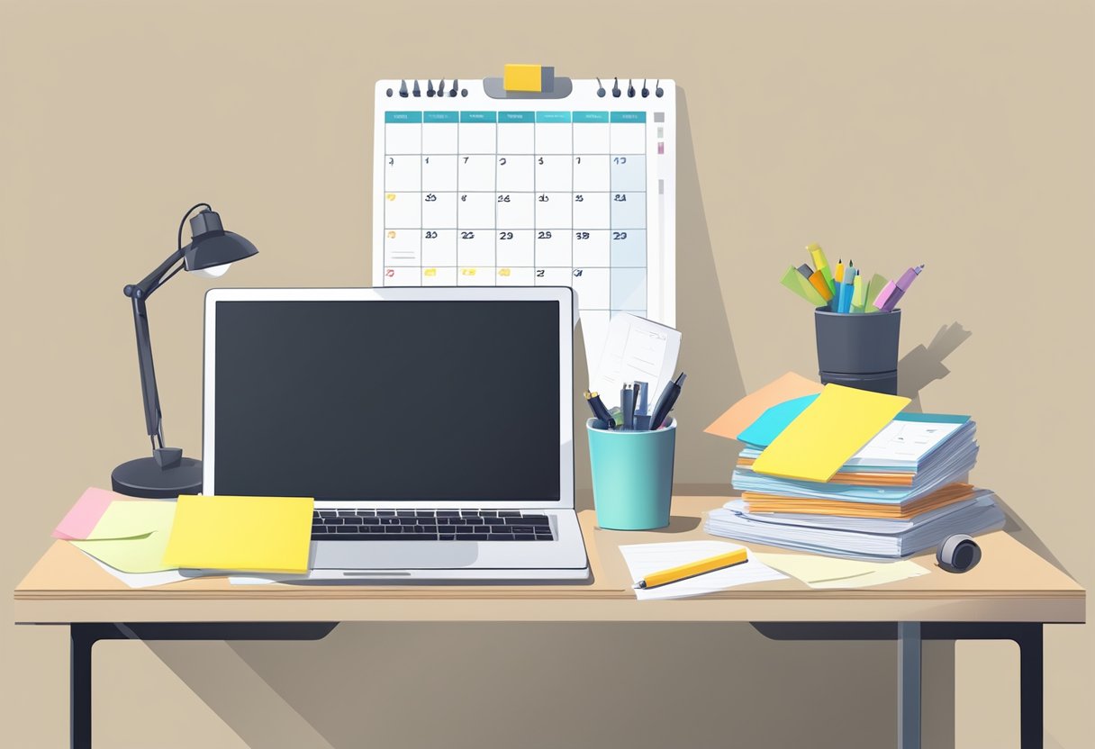 A desk with a laptop, calendar, and pen. A wall with post-it notes and a whiteboard. A stack of templates for small businesses