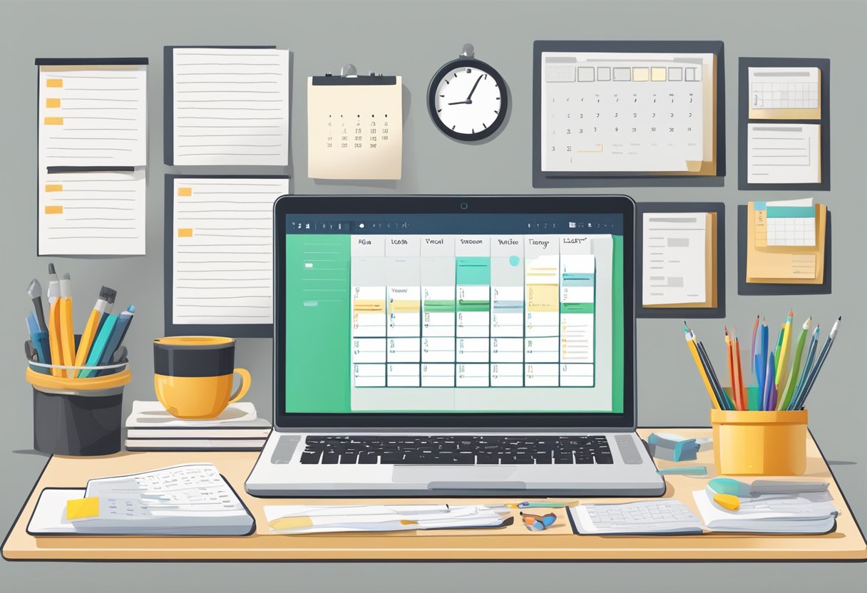 A desk with a laptop, calendar, and various writing tools. A content calendar template and tools are displayed on the screen