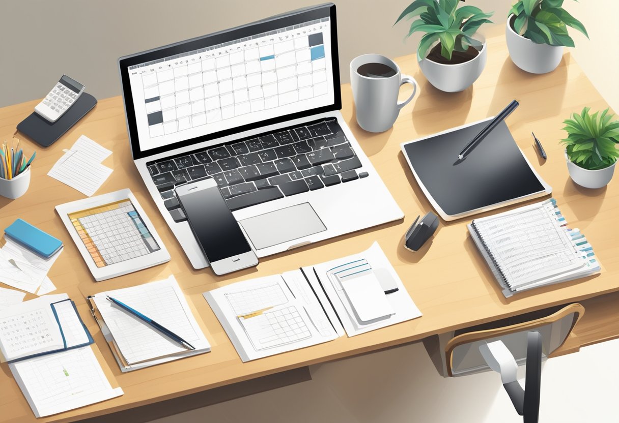 A desk with a computer, calendar, and pen. Templates and notes scattered around. Bright, organized space with natural light