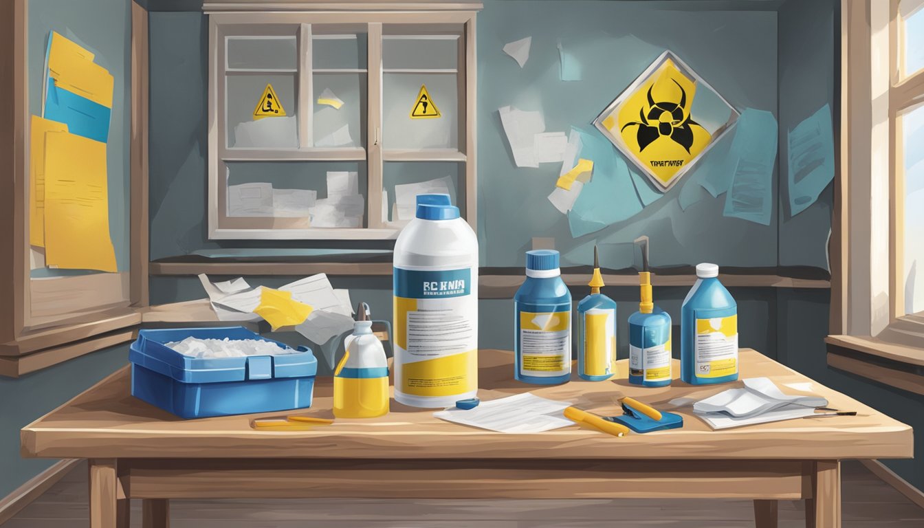 A room with peeling paint on walls and windowsills. A lead testing kit and safety mask on a table. Warning signs and legal documents in the background